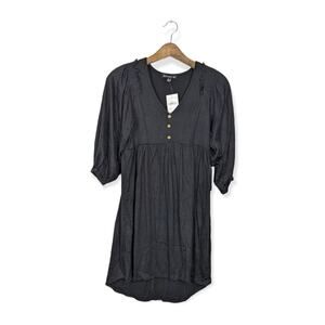 NWT Kenedik Black Button Front Smocked V-Neck Mini Dress Size S